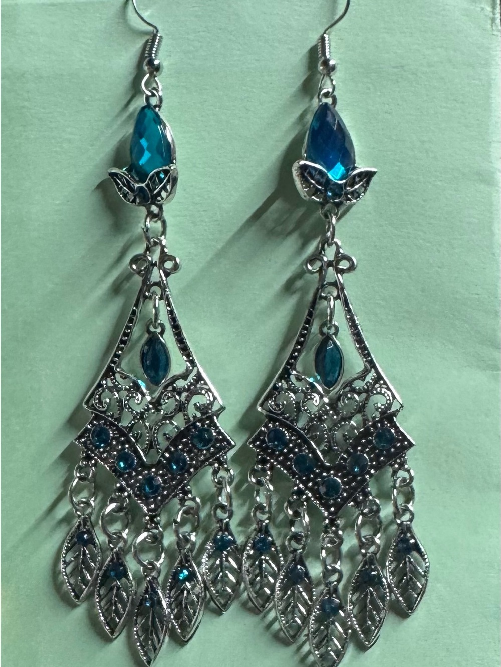Silver-Tone Teal Dangle Chandelier Earrings - Women Jewelry